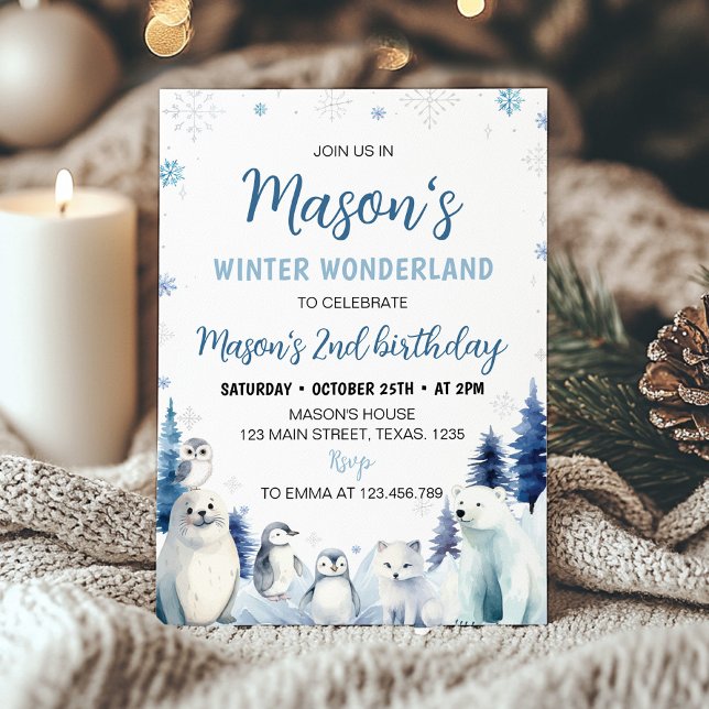  Blue Arctic Animals Winter 2nd Birthday Invitation (Creator Uploaded)