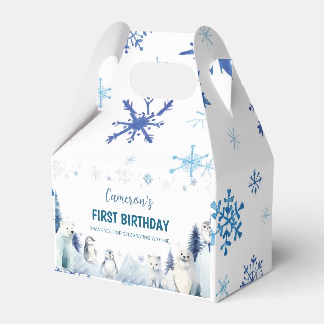Blue Arctic Animals Winter Birthday Party Favour Box (Front Side)