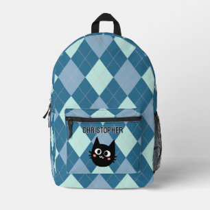 Blue Argyle, Black Cat Personalised Printed Backpack
