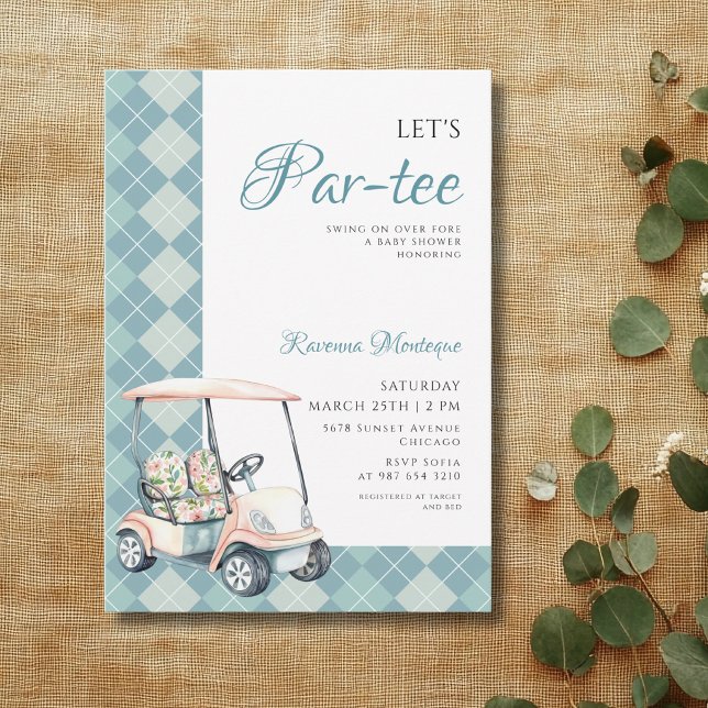 Blue Argyle Golf Cart Lets Par Tee Baby Shower Invitation (Creator Uploaded)