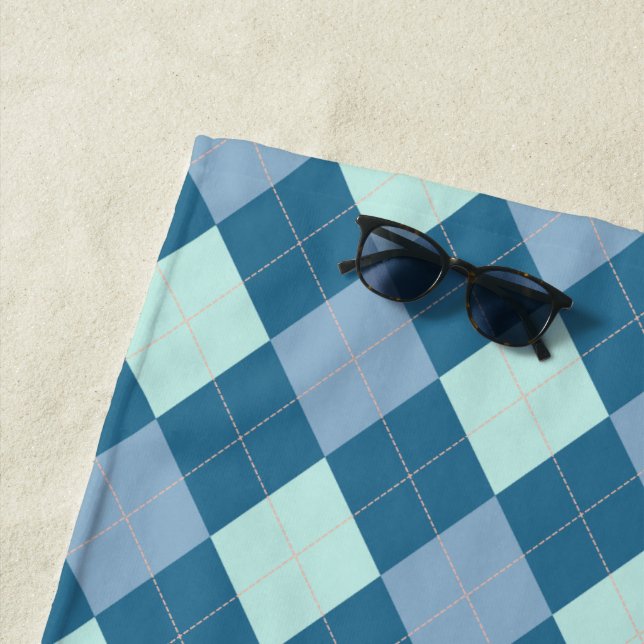 Blue Argyle Vintage Pattern Beach Towel (In Situ)