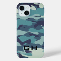 Blue army camo custom monogram iPhone 15 case