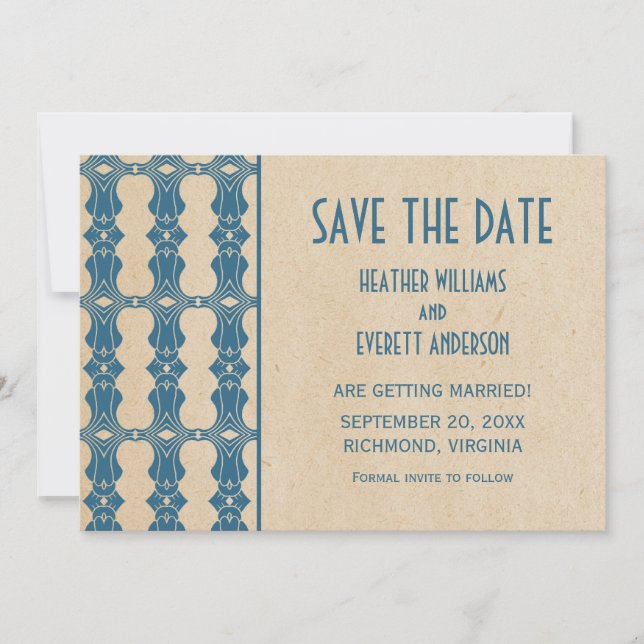 Blue Art Deco Border Save the Date Invite (Front)