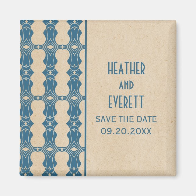 Blue Art Deco Border Save the Date Magnet (Front)