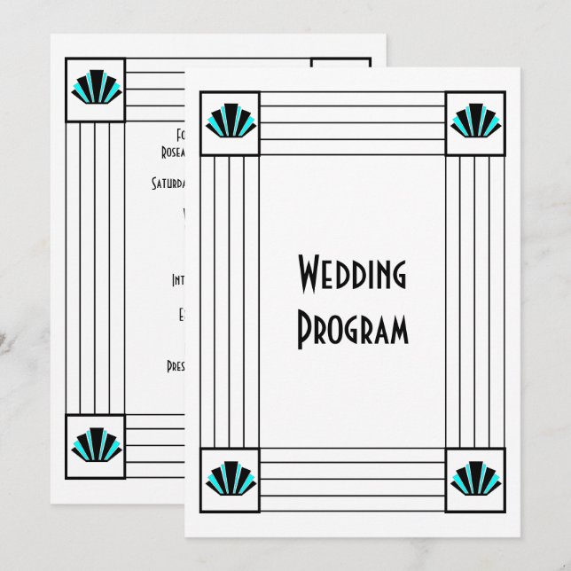 Blue Art Deco Design Wedding Programme (Front/Back)