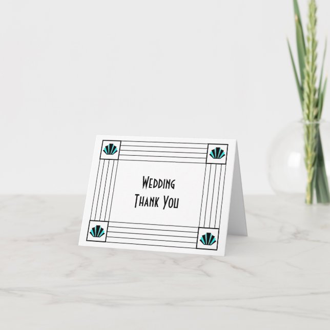 Blue Art Deco Design Wedding Thank You Card (Front)