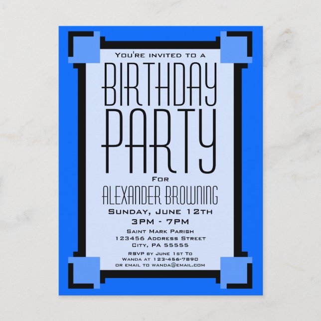 Blue Art Deco Geometric Birthday Invite Postcard (Front)