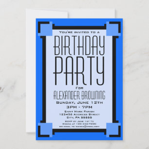 Blue Art Deco Geometric Birthday Party Invitation