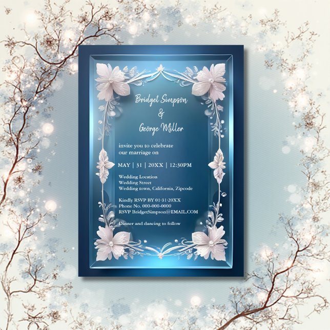 blue art deco ornate frame wedding  invitation (Creator Uploaded)