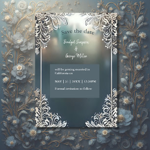 blue art deco ornate frame wedding safe the date 