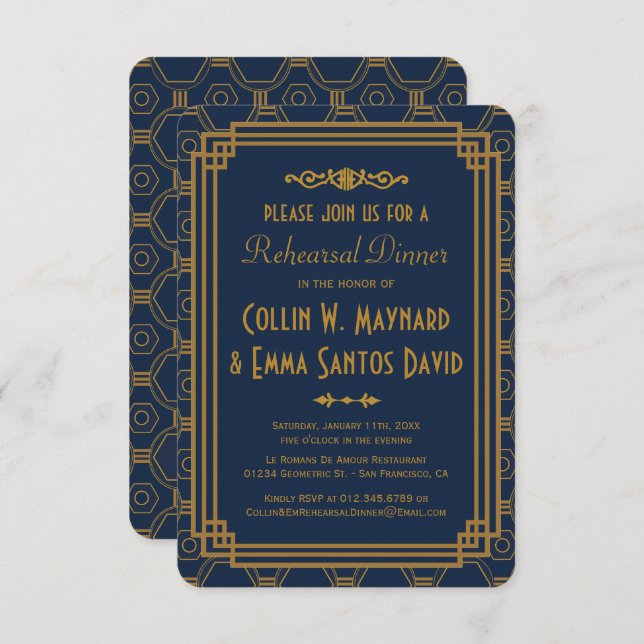 Blue Art Deco Rehearsal Dinner Invites (Front/Back)