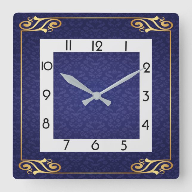 Blue art deco square wall clock (Front)