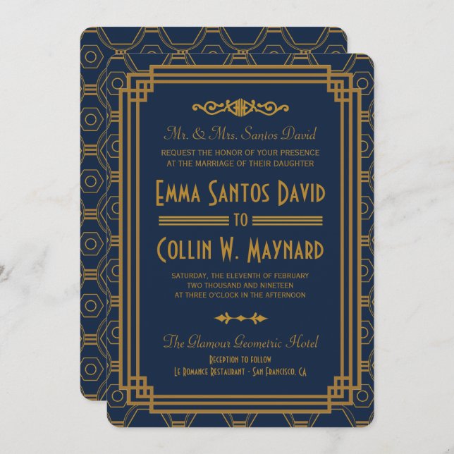 Blue Art Deco Wedding Invites (Front/Back)