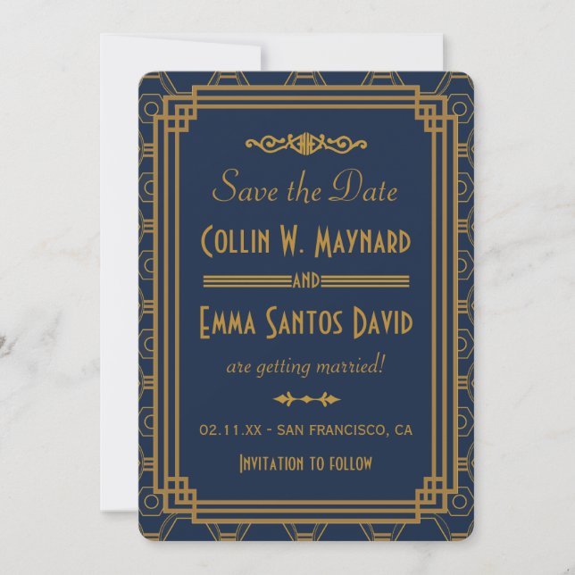 Blue Art Deco Wedding Save The Date (Front)