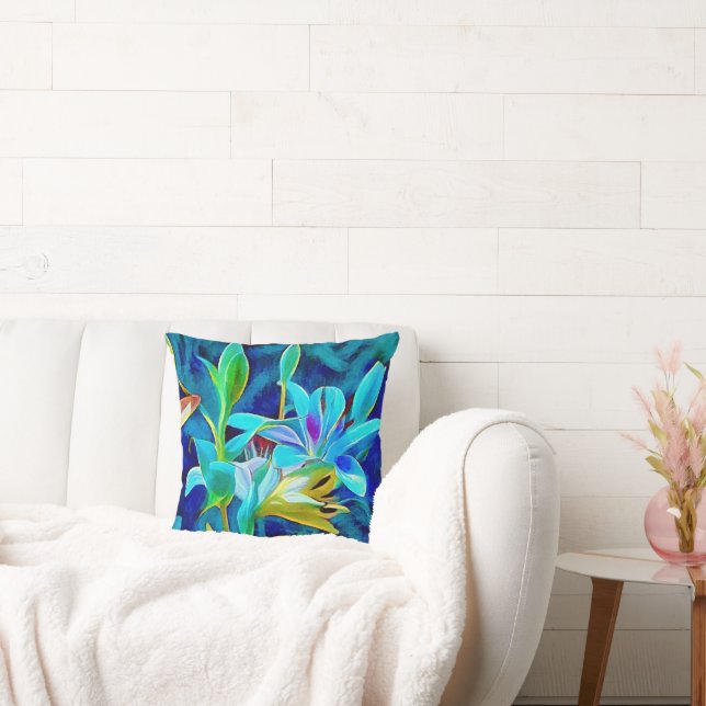 Blue Art Flowers Pretty Throw Pillow (Couch)