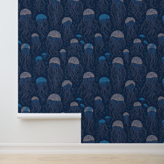 Blue Art Nouveau Jellyfish Sea Life Pattern Wallpaper