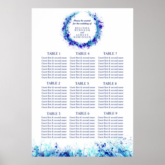 Blue art wedding seating table planner 1-9 tables poster (Front)