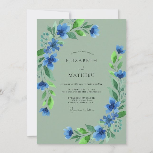 Blue Artistic Bloom Wedding Invitation (Front)