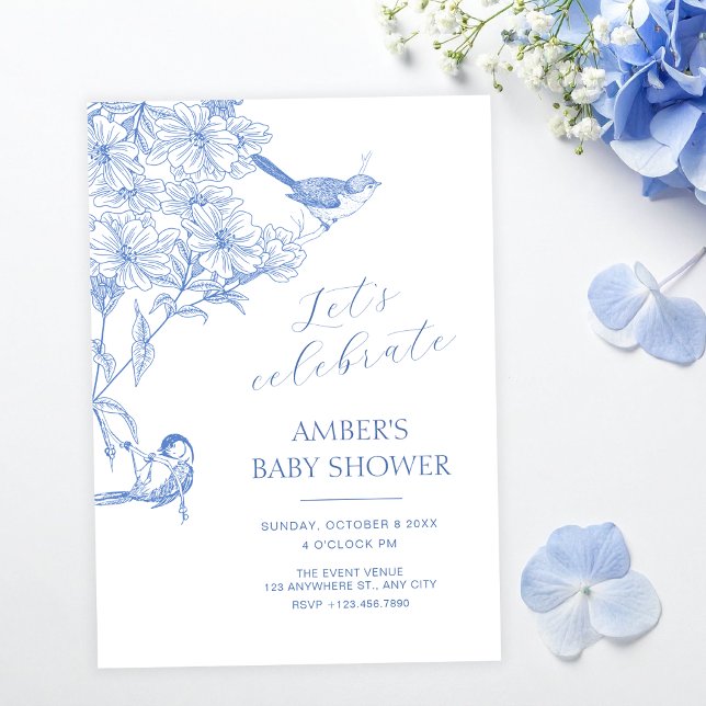 Blue artistic botanical bird baby shower invitation (Creator Uploaded)