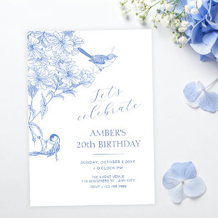 Blue artistic botanical bird birthday invitation