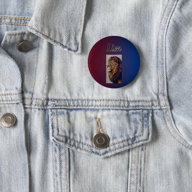 Blue Artistic Colourful Lion King Portrait Button (In Situ)