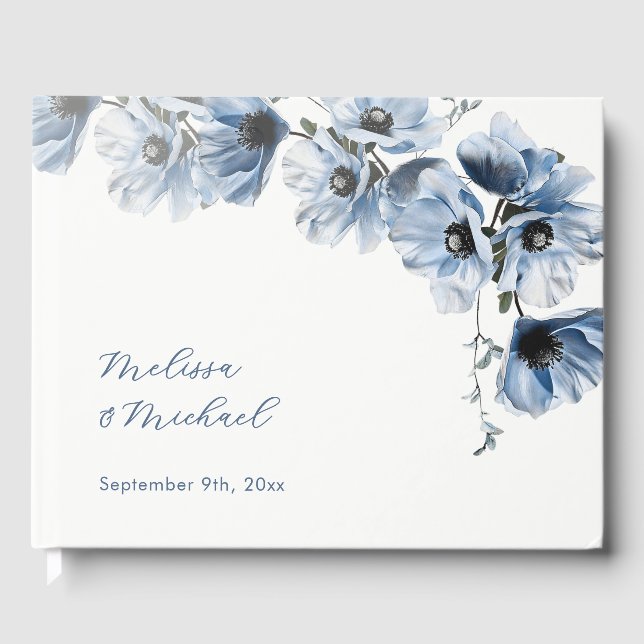 Blue Artistic Floral Wedding Guest Book (Front)