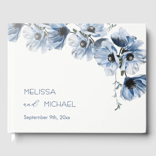 Blue Artistic Floral Wedding Guest Book (Front)