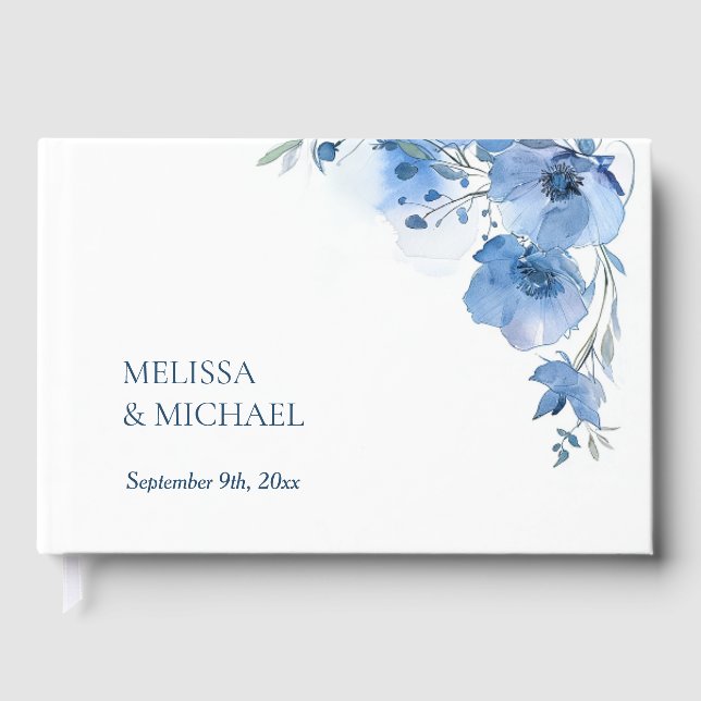 Blue Artistic Watercolor Floral Wedding Guest Book (Front)
