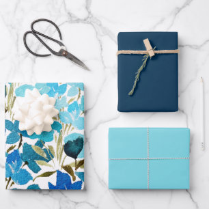 Blue Artistic Wildflowers Watercolor Pattern Wrapping Paper Sheet