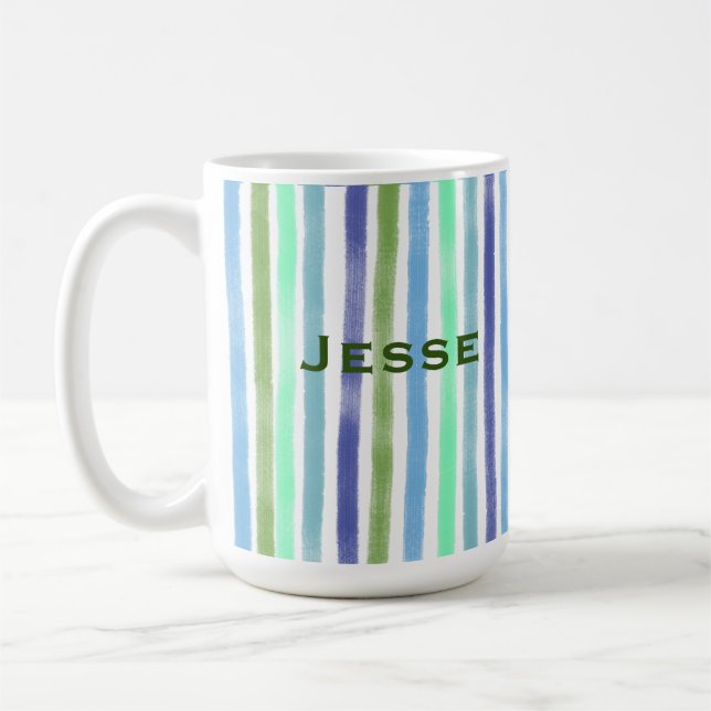 Blue Arty Paint Wavy Lines Colourful Pattern&Name Coffee Mug (Left)