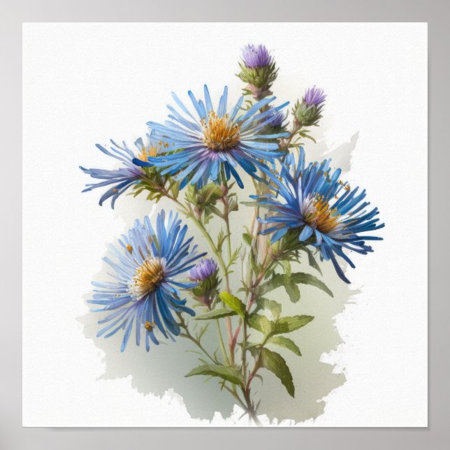 Blue Aster Flower Art Print Poster (Front)