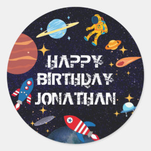 Blue Astronaut Birthday Planets Name Classic Round Sticker