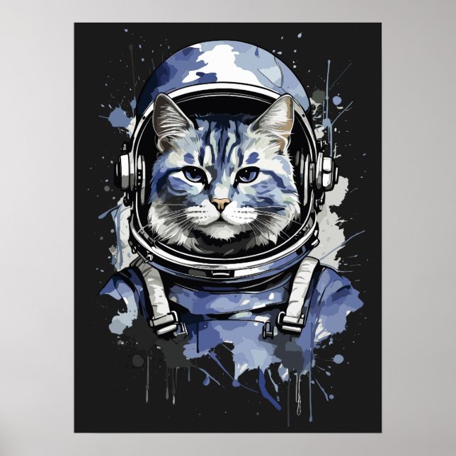 Blue Astronaut Cat Splash Design Poster (Front)