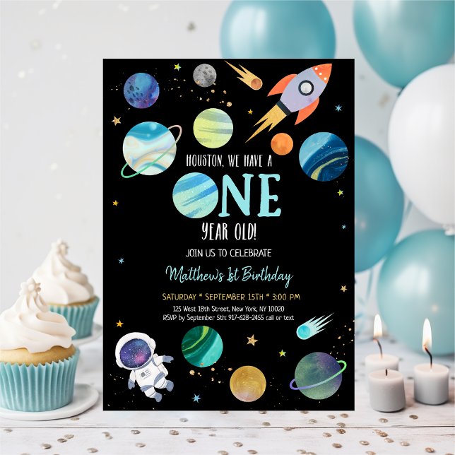 Blue Astronaut Outer Space First Birthday Invitation (Creator Uploaded)