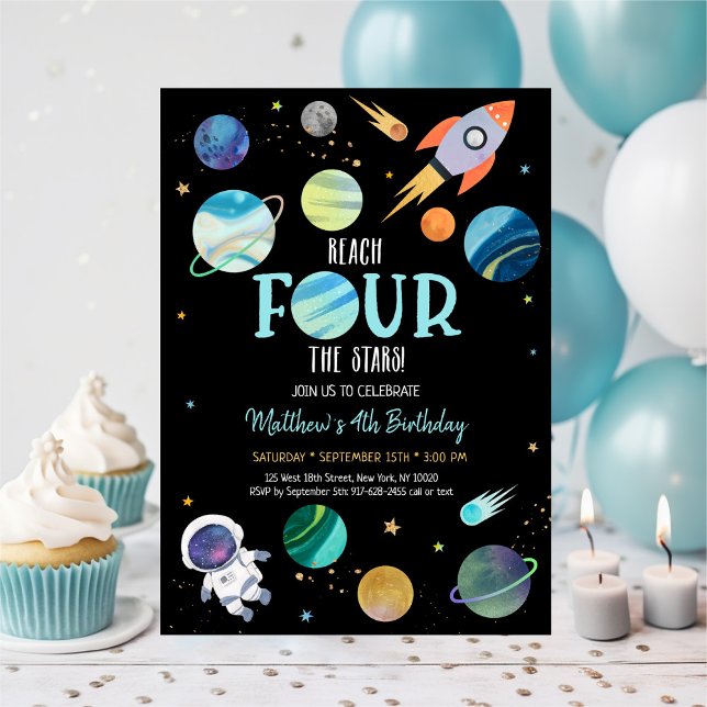 Blue Astronaut Outer Space Fourth Birthday Invitation (Creator Uploaded)