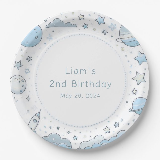 Blue Astronaut Outer Space Rocket Kids Birthday Paper Plate (Front)
