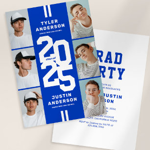 Blue Athlete Photo Collage Joint Graduation Party Invitation