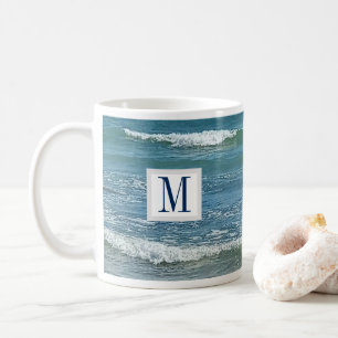 Blue Atlantic Ocean Shore Simple Single Initial Coffee Mug