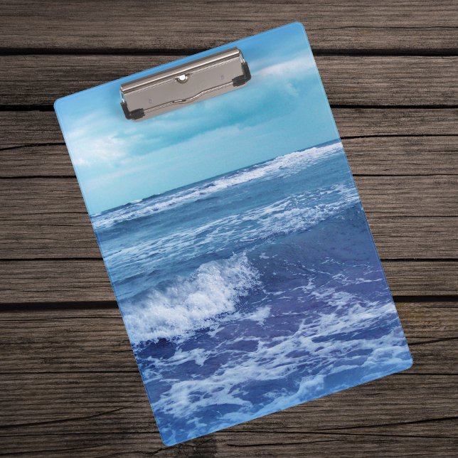 Blue Atlantic Ocean Waves Clouds Sky Photograph Clipboard (Real photo of Atlantic ocean with waves blue sky on clipboard.)
