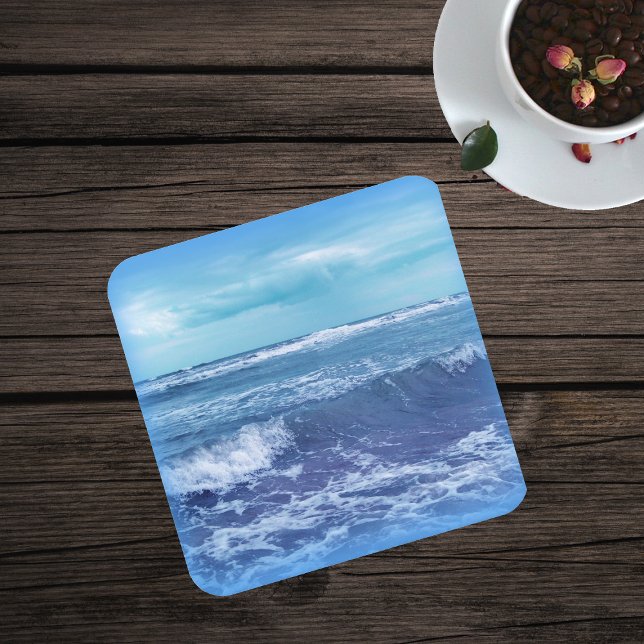 Blue Atlantic Ocean Waves Clouds Sky Photograph Square Paper Coaster (Real photo of blue Atlantic Ocean with waves and white caps on paper drink coaster.)