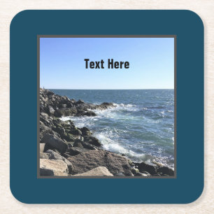 Blue Atlantic Ocean Wavy Rocky Seashore Coastal Square Paper Coaster