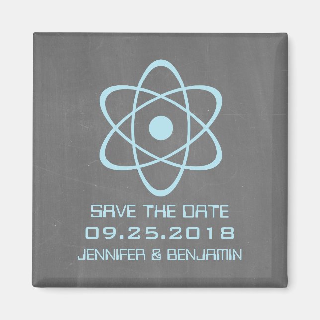 Blue Atomic Chalkboard Save the Date Magnet (Front)