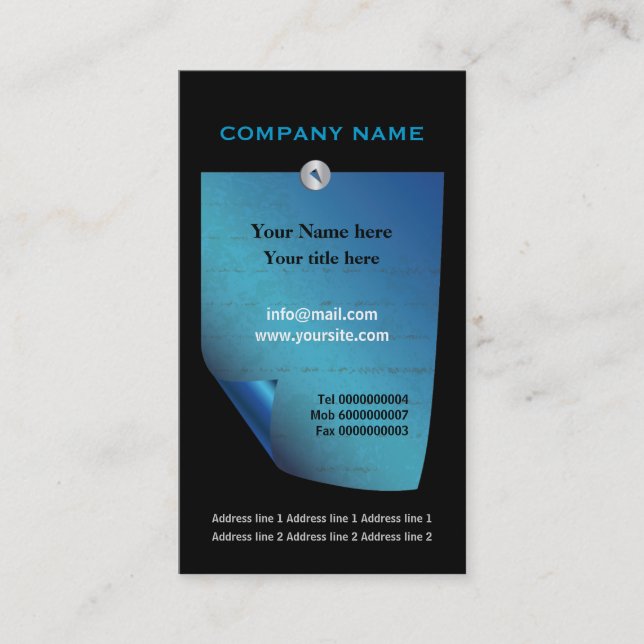 Blue attached curled note custom business card (Front)