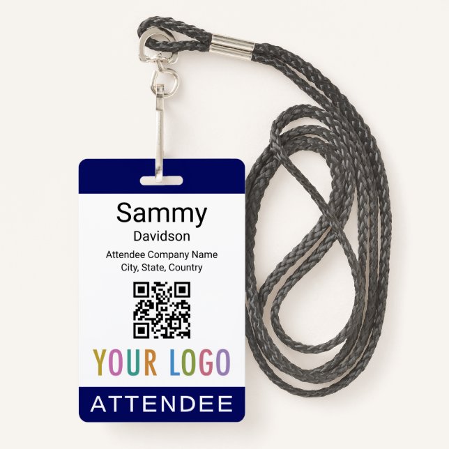 Blue Attendee Event Badge Conference QR Code Logo ID Badge (Front with Lanyard)