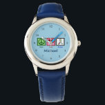 Blue Autism Custom Kids Watch<br><div class="desc">A peace sign,  heart,  and an autism ribbon for autism awareness for people on the spectrum. A cute children's watch in blue personalised with a child's name.</div>