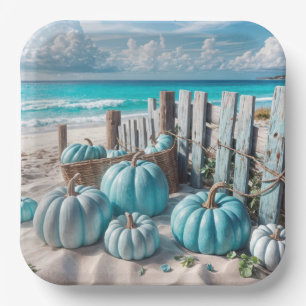 Blue Autumn Beach Pumpkins Paper Plate