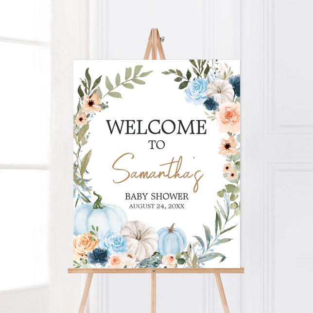 Blue Autumn Flowers Pumpkin Baby Shower Welcome Poster (Autumn Little Pumpkin Baby Shower Welcome Sign)