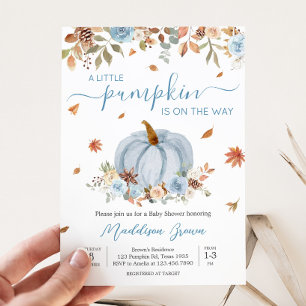 Blue Autumn Little Pumpkin Baby Shower Invitation