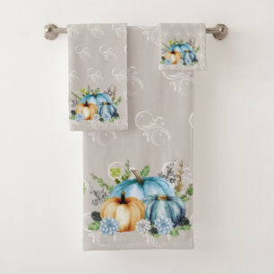 Blue Autumn Pumpkin Watercolor Thanksgiving Bath T Towel Set