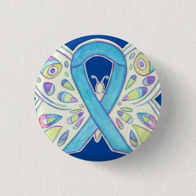 Blue Awareness Ribbon Butterfly Custom Button Pin (Front)